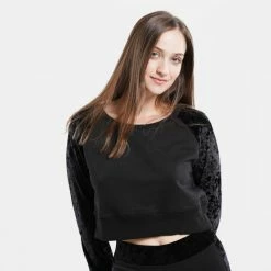 Το φθηνότερο 🧨 Μπλούζα Μακρύ Μανίκι BodyTalk Velour Γυναικείο Crop Top Με Μακρύ Μανίκι BLACK 🧨