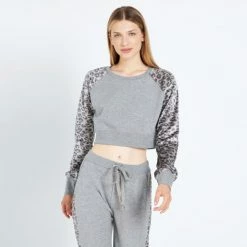 Εξοδος 😀 Φούτερ BodyTalk Velour Γυναικείο Crop Top Με Μακρύ Μανίκι GREY MEL 👏